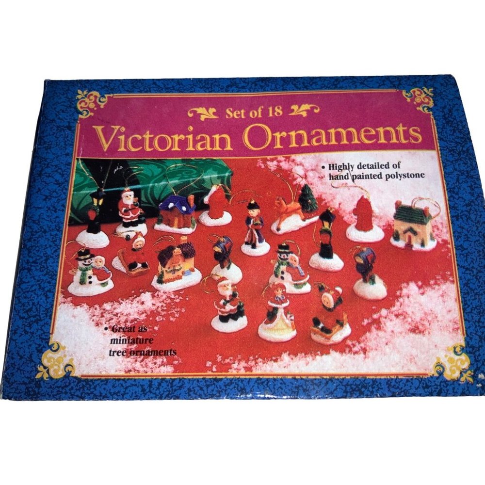 Victorian Mini Christmas Tree Polystone Ornaments Set of 18 Open Package